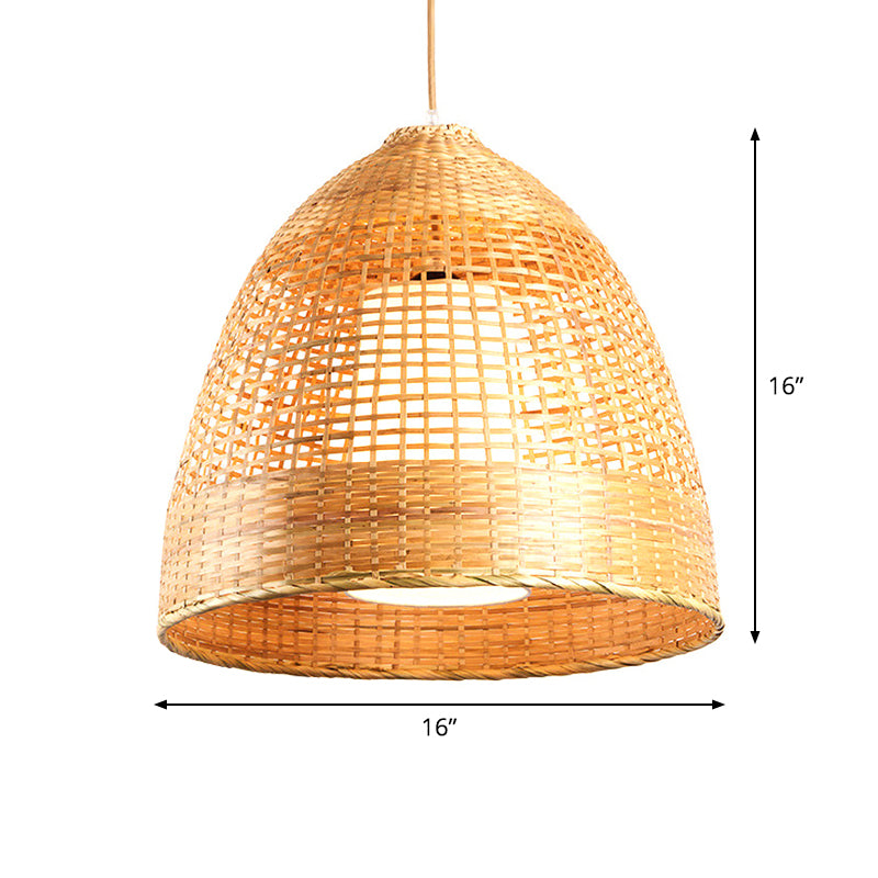 Hand-Twisted Bell Ceiling Pendant Chinese Bamboo Single Living Room Hanging Lamp in Beige, 16"/19.5" Width