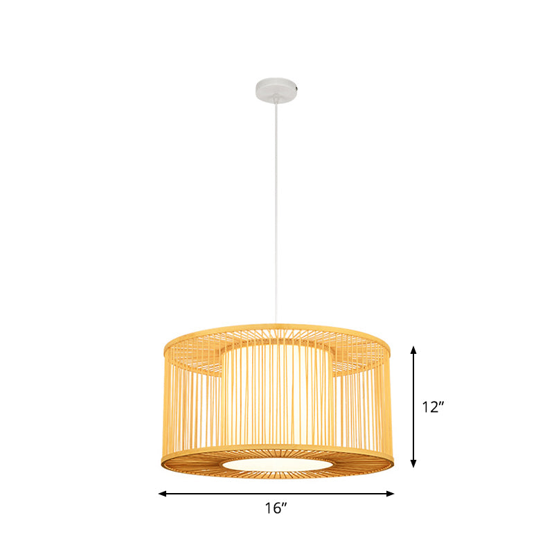 1-Light Kitchen Bar Pendulum Light Asia Beige Hanging Pendant with Drum Bamboo Shade, 16"/19.5"/23.5" W