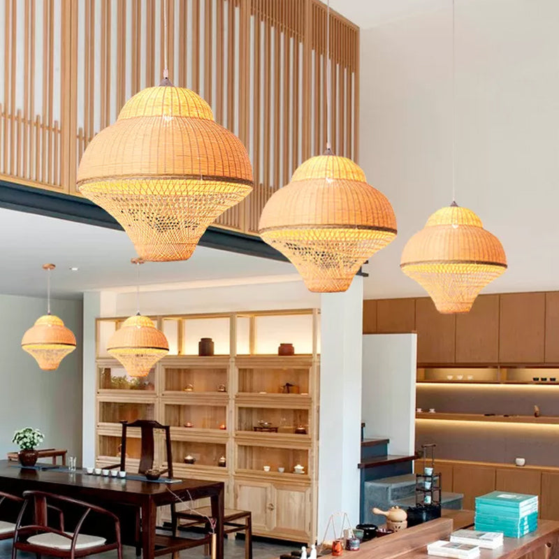 Chinese Gourd/Basket Shaped Drop Pendant Bamboo Woven Single-Bulb Dining Room Suspension Lamp in Beige