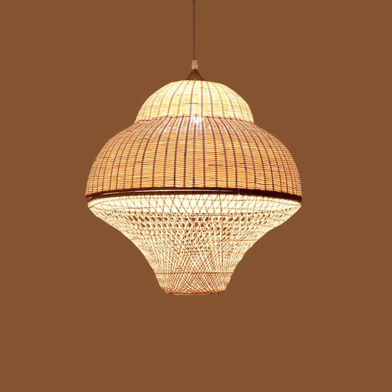 Chinese Gourd/Basket Shaped Drop Pendant Bamboo Woven Single-Bulb Dining Room Suspension Lamp in Beige