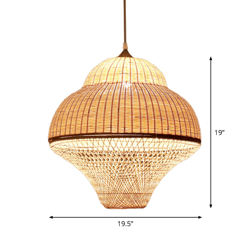 Chinese Gourd/Basket Shaped Drop Pendant Bamboo Woven Single-Bulb Dining Room Suspension Lamp in Beige