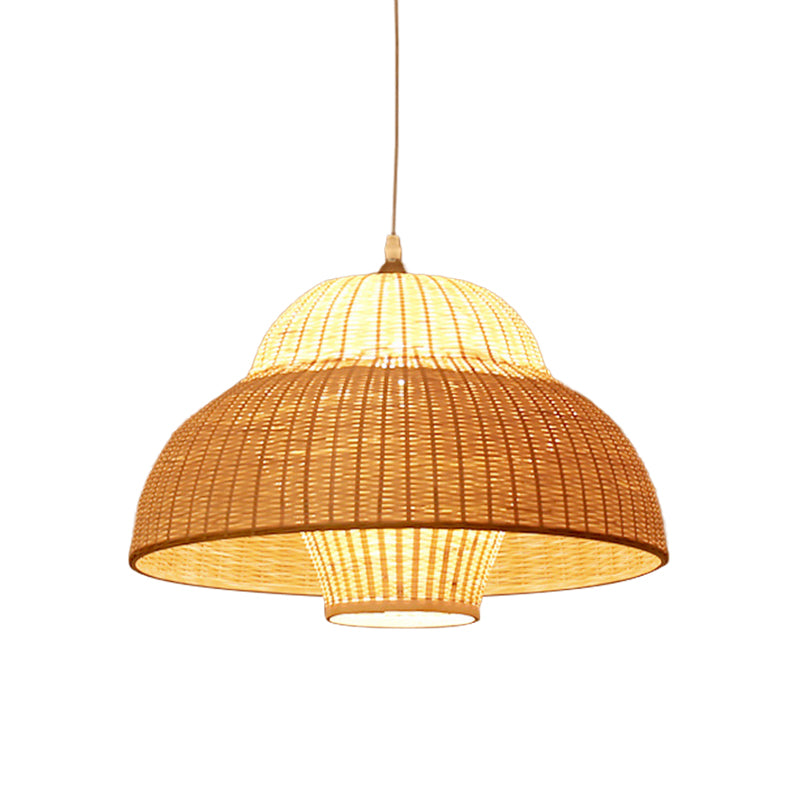 Chinese Gourd/Basket Shaped Drop Pendant Bamboo Woven Single-Bulb Dining Room Suspension Lamp in Beige