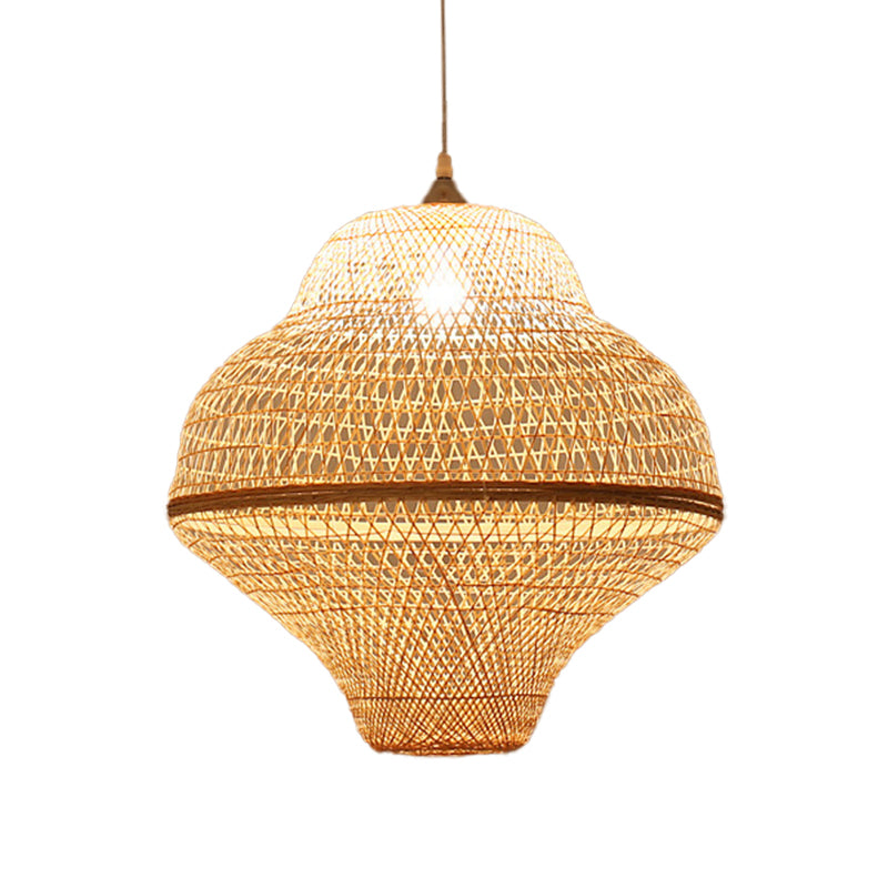 Chinese Gourd/Basket Shaped Drop Pendant Bamboo Woven Single-Bulb Dining Room Suspension Lamp in Beige