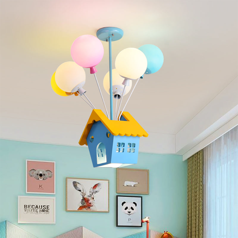 Wood House Pendant Light with Colorful Balloon 7 Heads Cartoon Chandelier in Blue for Child Room