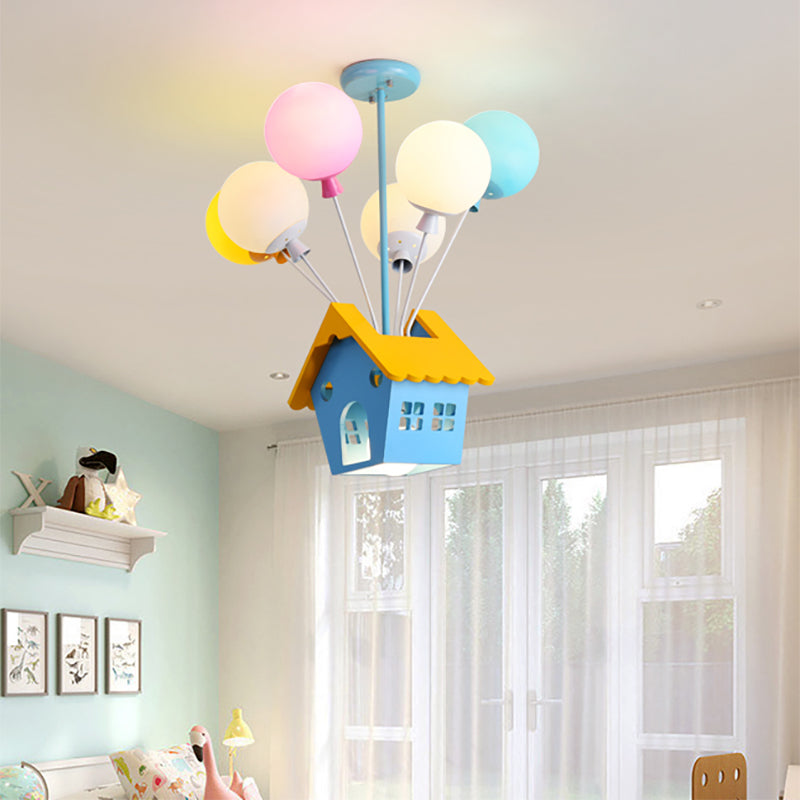 Wood House Pendant Light with Colorful Balloon 7 Heads Cartoon Chandelier in Blue for Child Room