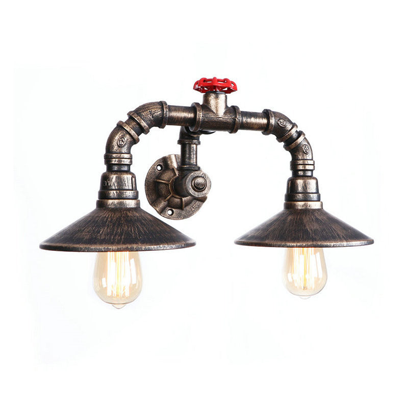 Conical Farmhouse Wall Light Fixture with Pipe and Valve Industrial Rustic Iron 2 Lights Weathered Bronze Sconce Light