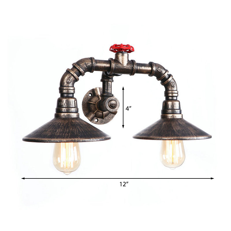 Conical Farmhouse Wall Light Fixture with Pipe and Valve Industrial Rustic Iron 2 Lights Weathered Bronze Sconce Light