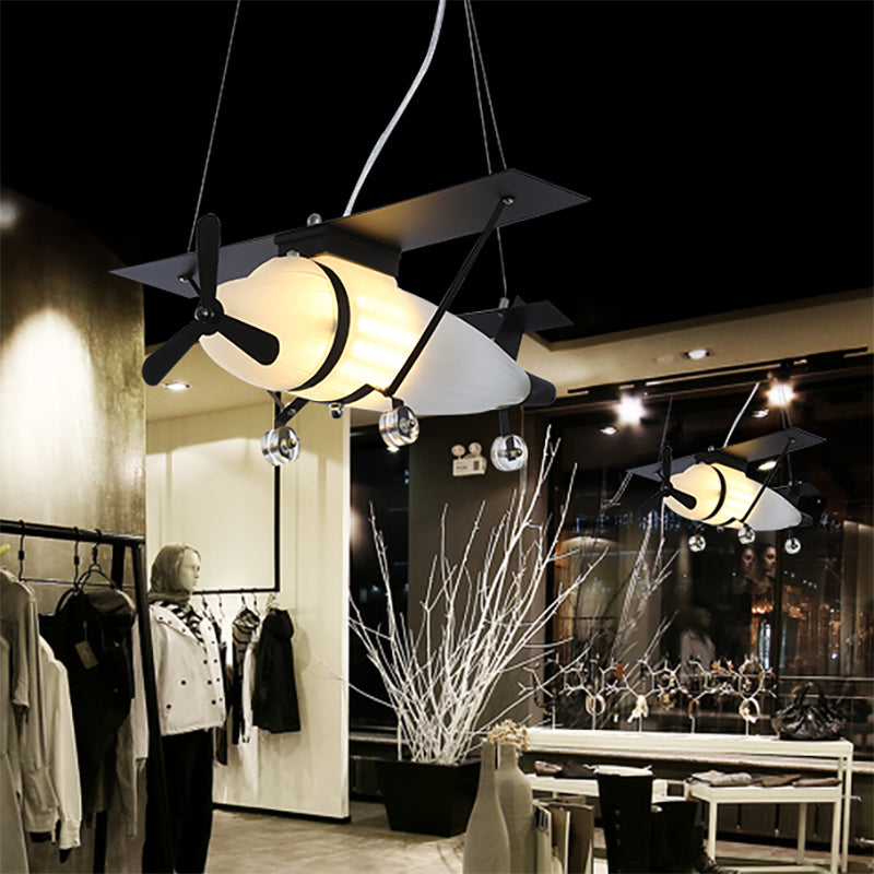 Kids Airplane Chandelier Metal and Glass Suspension Light in Black for Restaurant Bedroom