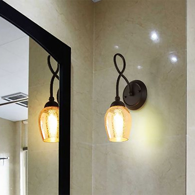 1/2-Light Wall Sconce Lighting Curved Arm Crackled Mercury Glass Industrial Bedroom Light Fixture in Black