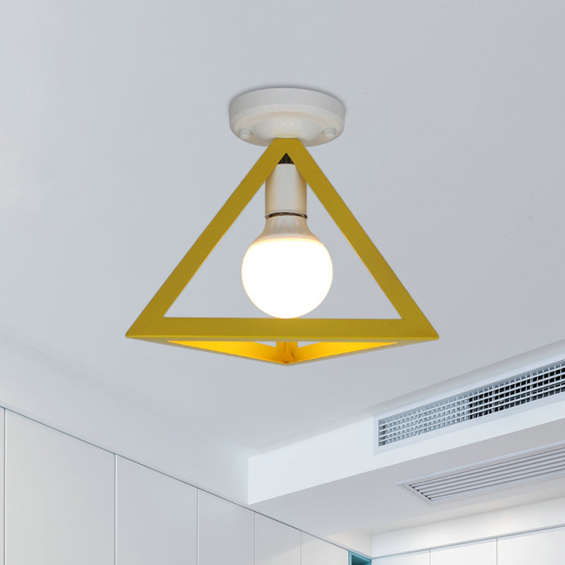 Loft Style Triangle Ceiling Fixture with Cage Shade 1 Bulb Metallic Semi Flush Mount Light in Black/Red