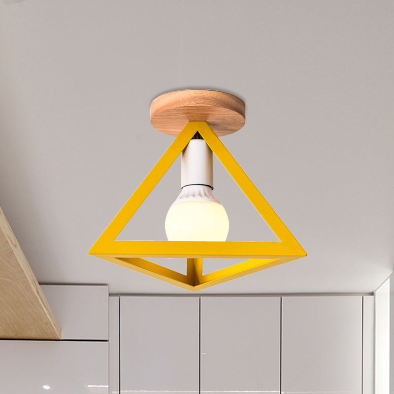 Loft Style Triangle Ceiling Fixture with Cage Shade 1 Bulb Metallic Semi Flush Mount Light in Black/Red