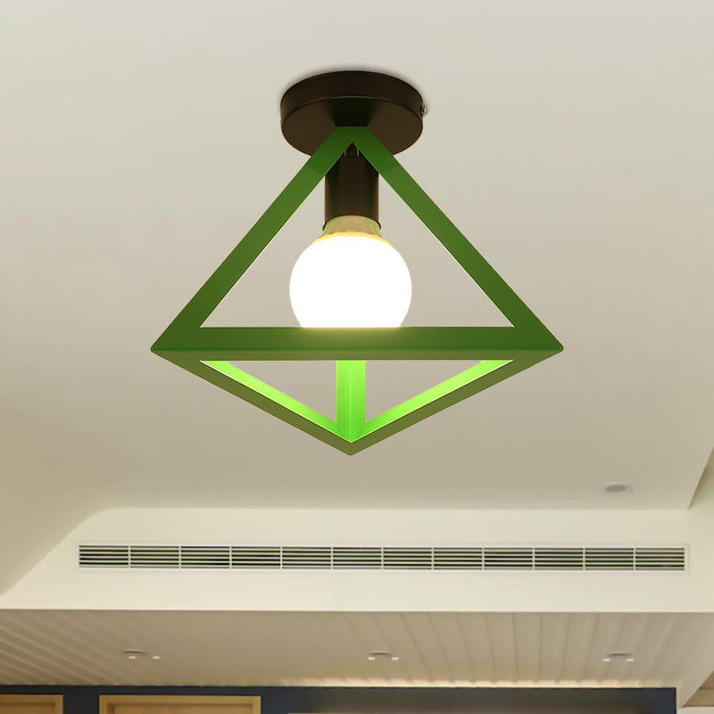 Loft Style Triangle Ceiling Fixture with Cage Shade 1 Bulb Metallic Semi Flush Mount Light in Black/Red