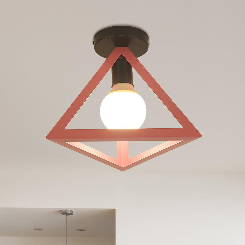 Loft Style Triangle Ceiling Fixture with Cage Shade 1 Bulb Metallic Semi Flush Mount Light in Black/Red