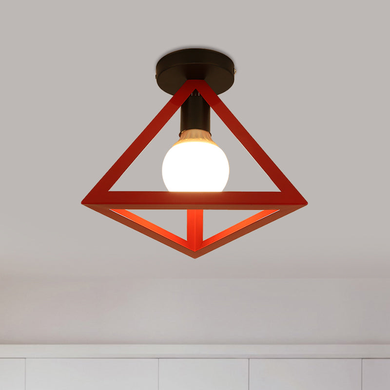 Loft Style Triangle Ceiling Fixture with Cage Shade 1 Bulb Metallic Semi Flush Mount Light in Black/Red