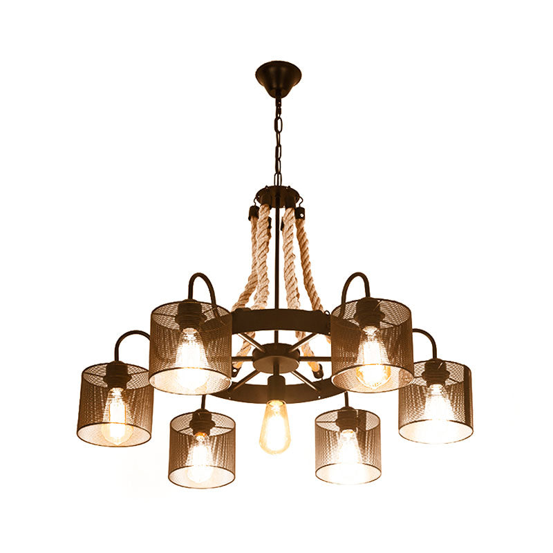 Cylinder Mesh Metal Shade Chandelier Lampe Vintage Style 6 Heads Restaurant Hanging Light in Beige