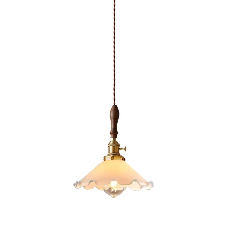 Farmhouse Scalloped Pendant Lamp 1 Light White Glass Hanging Light Fixture in Brass