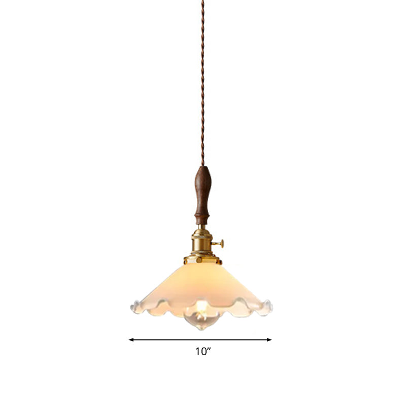 Farmhouse Scalloped Pendant Lamp 1 Light White Glass Hanging Light Fixture in Brass