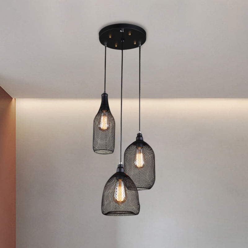 Mesh Cage Metal Hanging Light Antique 3 Heads Dining Room Suspension Lamp with Different Shade in Black