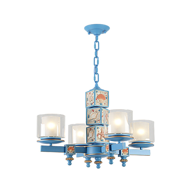 Cartoon Cylinder Pendant Lamp with Shell Deco Metal 4 Lights Blue Chandelier for Kindergarten