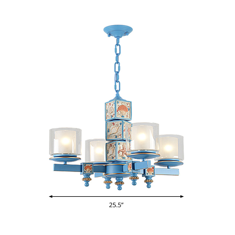 Cartoon Cylinder Pendant Lamp with Shell Deco Metal 4 Lights Blue Chandelier for Kindergarten