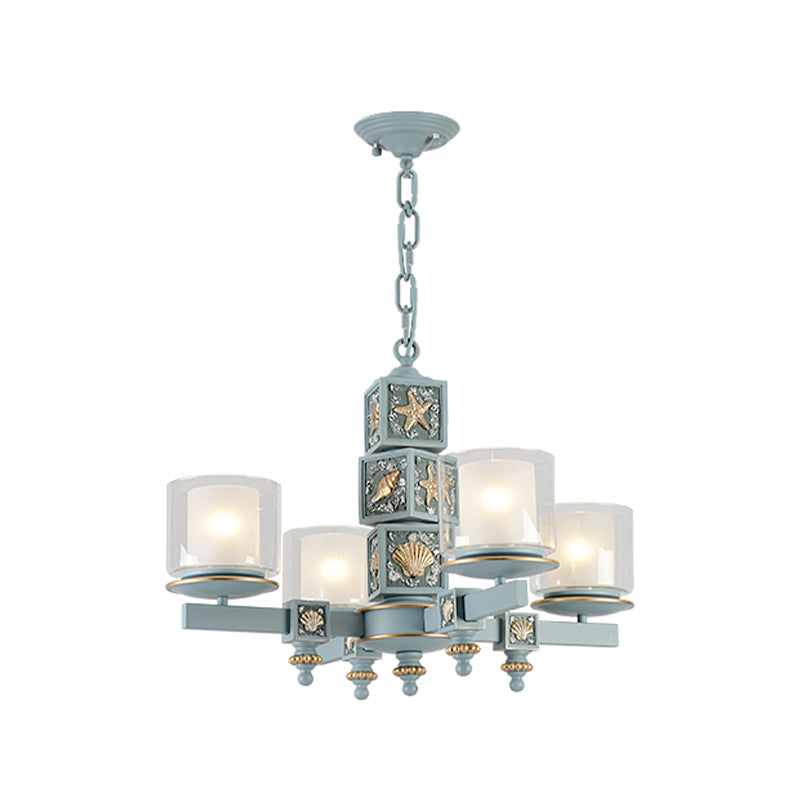 Cartoon Cylinder Pendant Lamp with Shell Deco Metal 4 Lights Blue Chandelier for Kindergarten
