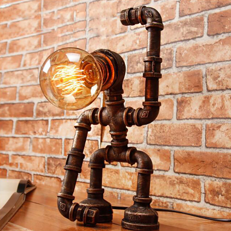 Standing/Sitting Robot Metallic Table Light with Pipe Industrial Stylish 1 Bulb Coffee Shop Table Lamp in Bronze