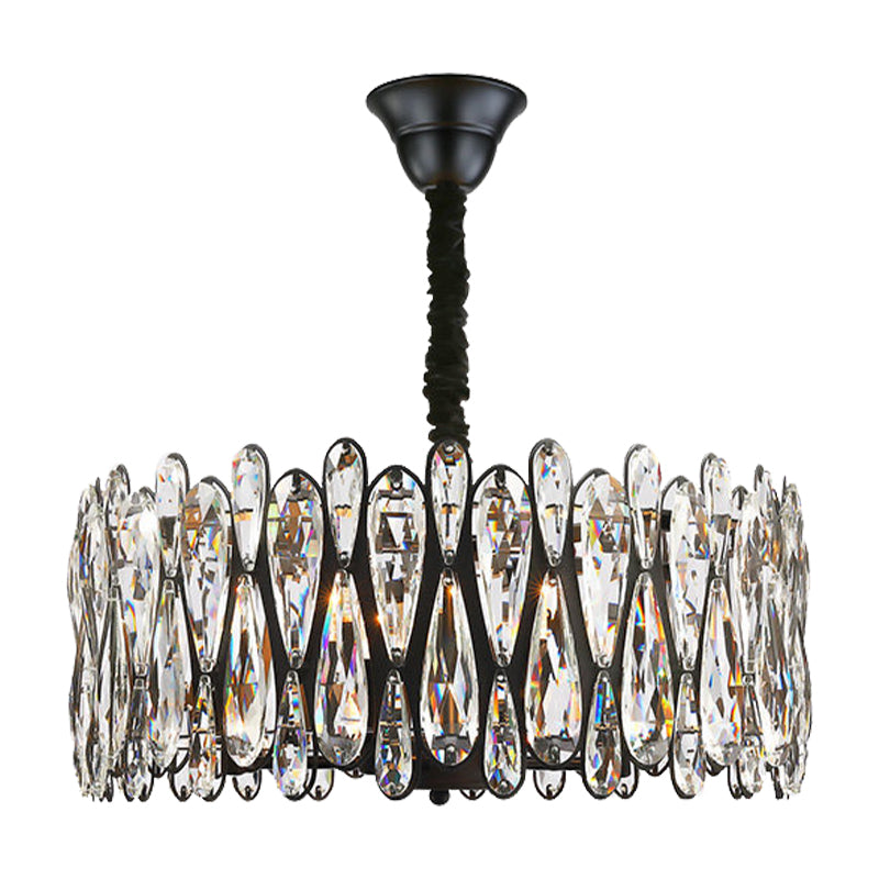 Black Drum Shaped Pendant Light Modern Crystal Teardrop 6-Bulb Dining Room Chandelier
