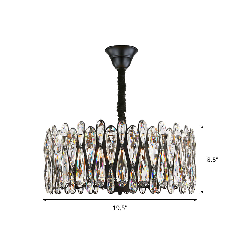 Pendre en forme de tambour noir Modern Crystal Teardrop 6-Bulb Room Room Chandelier