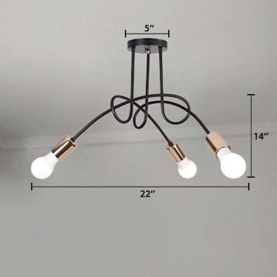 Twisted Metallic Semi-Flush Ceiling Light Industrial 3/5 Lights Hallway Semi Flush Pendant Light with Bare Bulb in Black