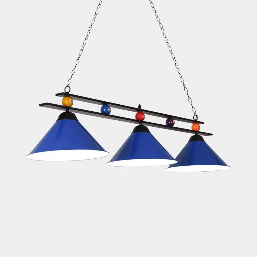 Conical Metallic Billiard Light Factory 3-Head Indoor Island Lighting Fixture in Black/Red/Blue