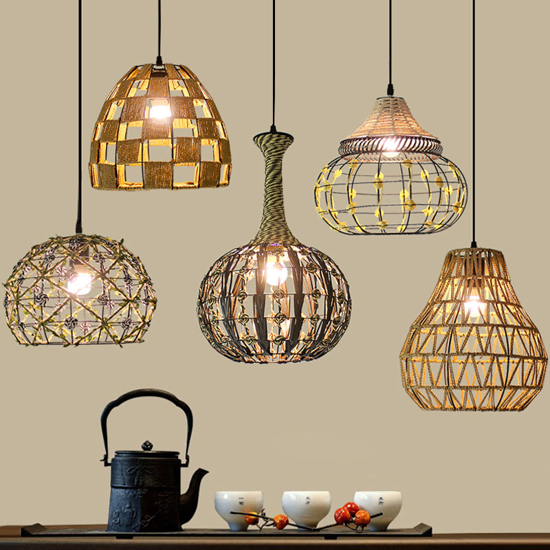 White House/Dome/Bell Hollowed Pendant Lamp Coastal 1-Light Rattan Suspended Lighting Fixture for Dining Room