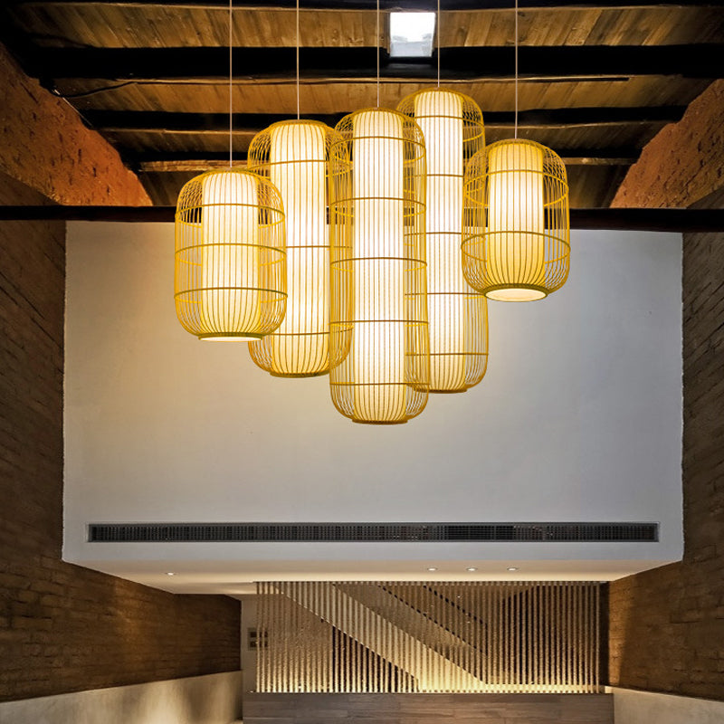 Beige Elongated Oval/Barrel Drop Pendant Asian 1-Light Bamboo Ceiling Hanging Lantern, 16"/19.5"/31.5" Height