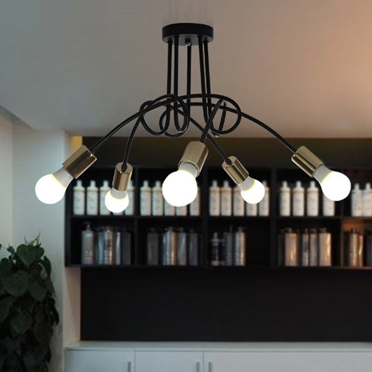 Twisted Metallic Semi-Flush Ceiling Light Industrial 3/5 Lights Hallway Semi Flush Pendant Light with Bare Bulb in Black