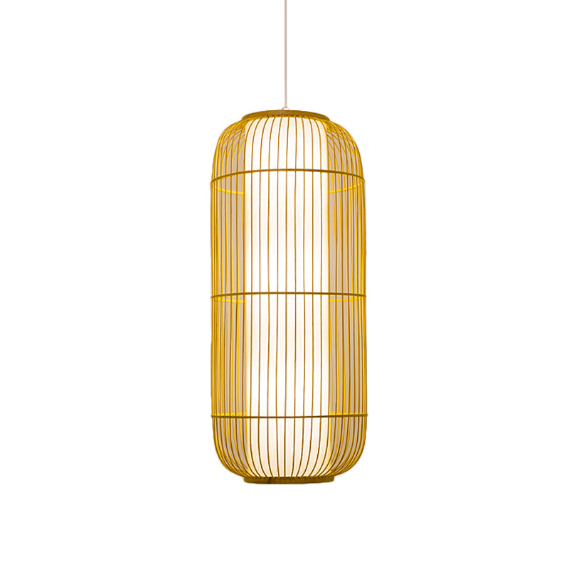 Beige Elongated Oval/Barrel Drop Pendant Asian 1-Light Bamboo Ceiling Hanging Lantern, 16"/19.5"/31.5" Height