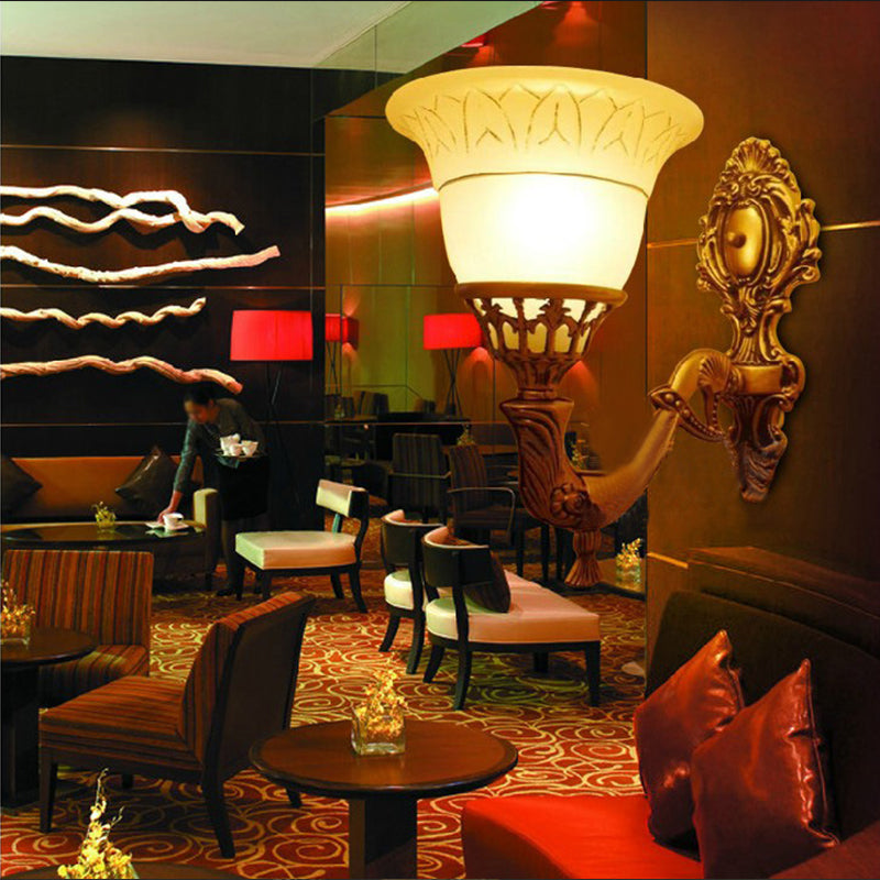 Traditional Bell Wall Mounted Light 1 Head Frosted Glass Sconce Lighting with Carved Arm in Brass