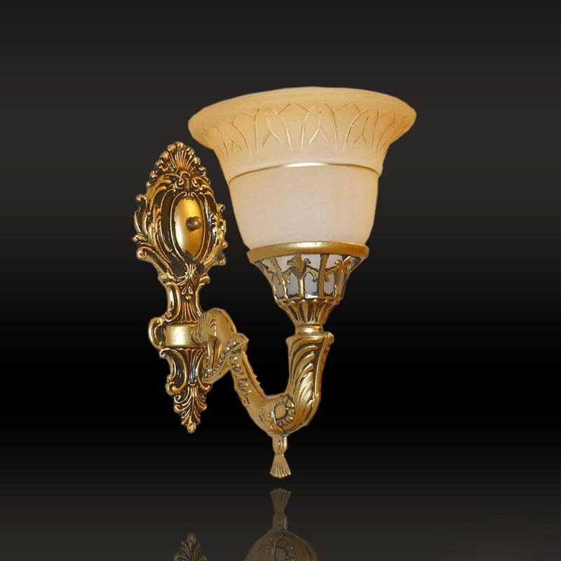 Traditional Bell Wall Mounted Light 1 Head Frosted Glass Sconce Lighting with Carved Arm in Brass