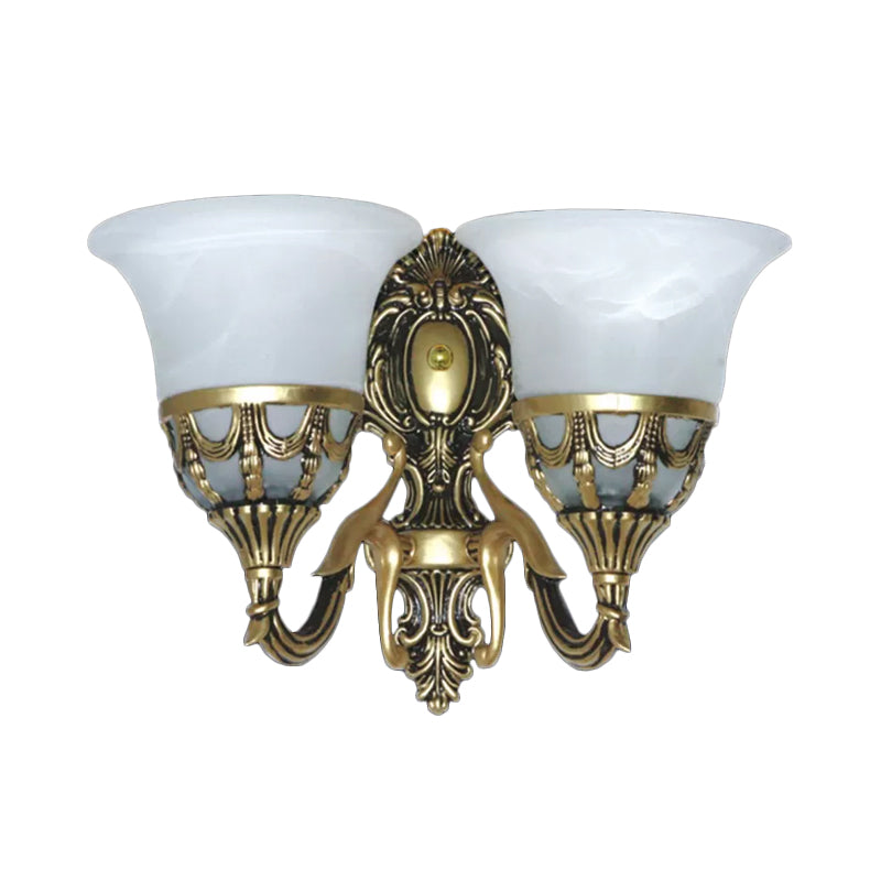 2-Light Wall Light Fixture Traditional Corridor Wall Sconce with Bell Alabaster Glass Shade in Bronze