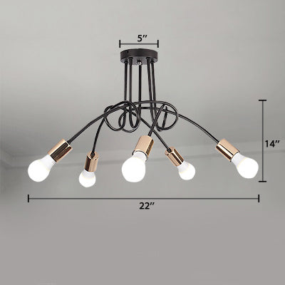Twisted Metallic Semi-Flush Ceiling Light Industrial 3/5 Lights Hallway Semi Flush Pendant Light with Bare Bulb in Black