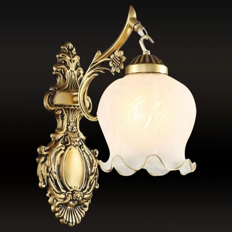 Dome Ivory Glass Wall Mounted Lamp Rustic 1-Light Dining Room Sconce Light with Ruffled Trim in White/Bronze
