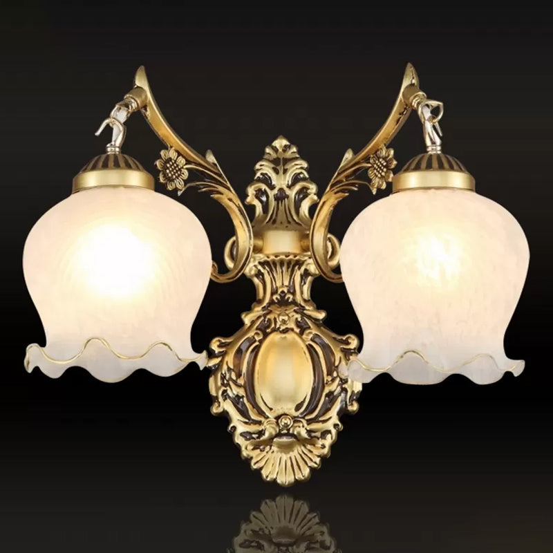 2-Light Opal Frosted Glass Wall Light Traditional Bronze Floral Bedroom Sconce Lighting