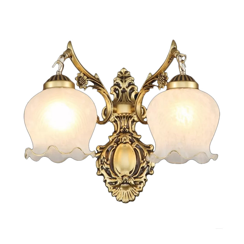 2-Light Opal Frosted Glass Wall Light Traditional Bronze Floral Bedroom Sconce Lighting