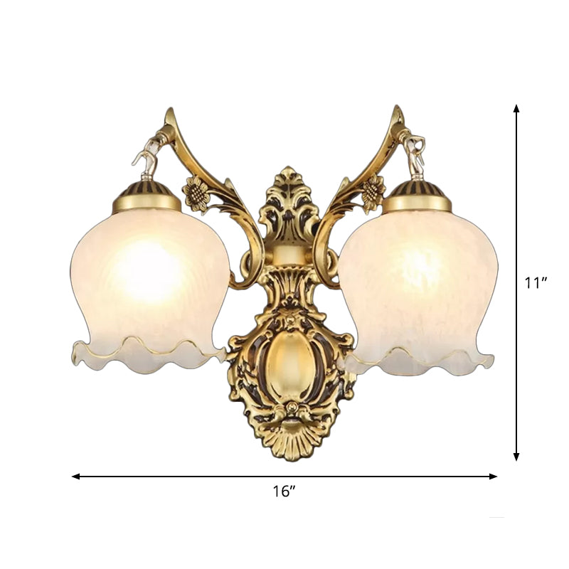 2-Light Opal Frosted Glass Wall Light Traditional Bronze Floral Bedroom Sconce Lighting