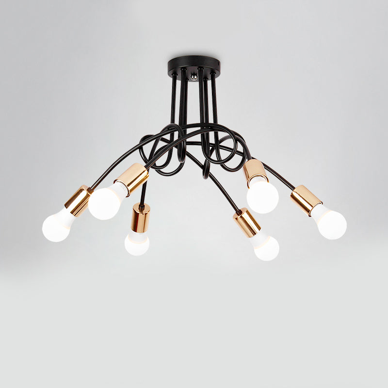 Twisted Metallic Semi-Flush Ceiling Light Industrial 3/5 Lights Hallway Semi Flush Pendant Light with Bare Bulb in Black