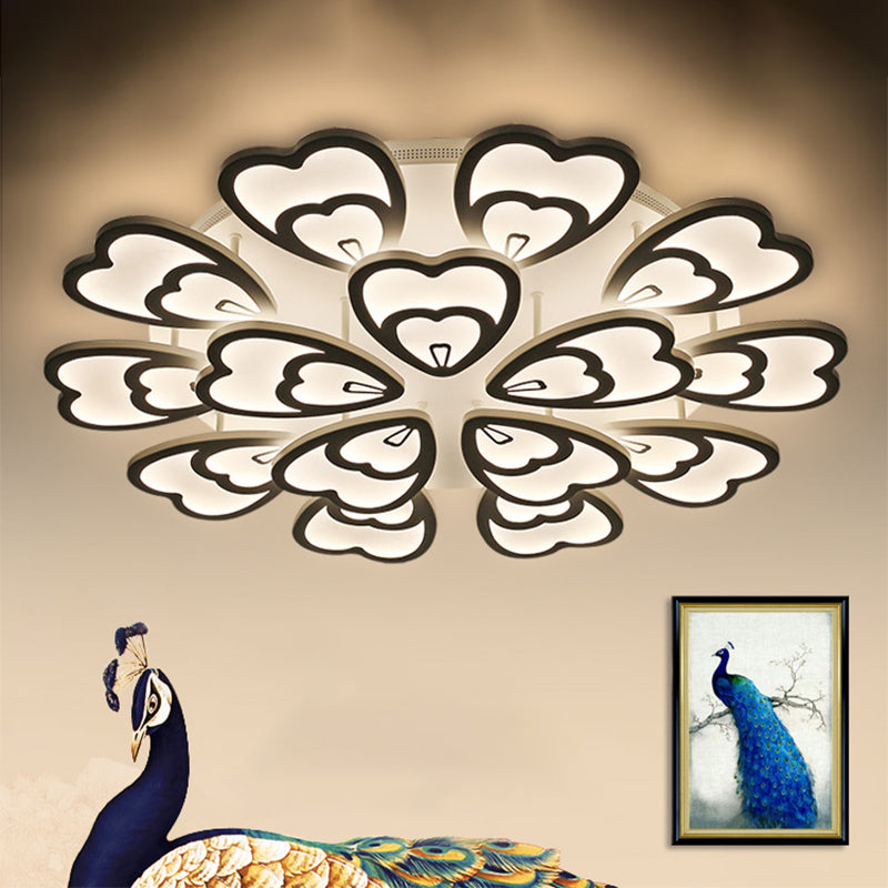 Peacock Feather Acrylic Semi Flush Light Contemporary 6/12/15 Heads White Blooming LED Ceiling Mount Lamp in Warm/White Light