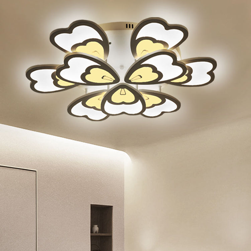 Peacock Feather Acrylic Semi Flush Light Contemporary 6/12/15 Heads White Blooming LED Ceiling Mount Lamp in Warm/White Light