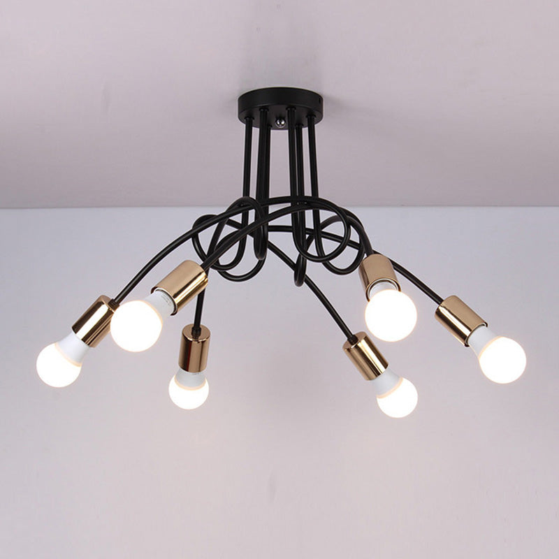 Twisted Metallic Semi-Flush Ceiling Light Industrial 3/5 Lights Hallway Semi Flush Pendant Light with Bare Bulb in Black