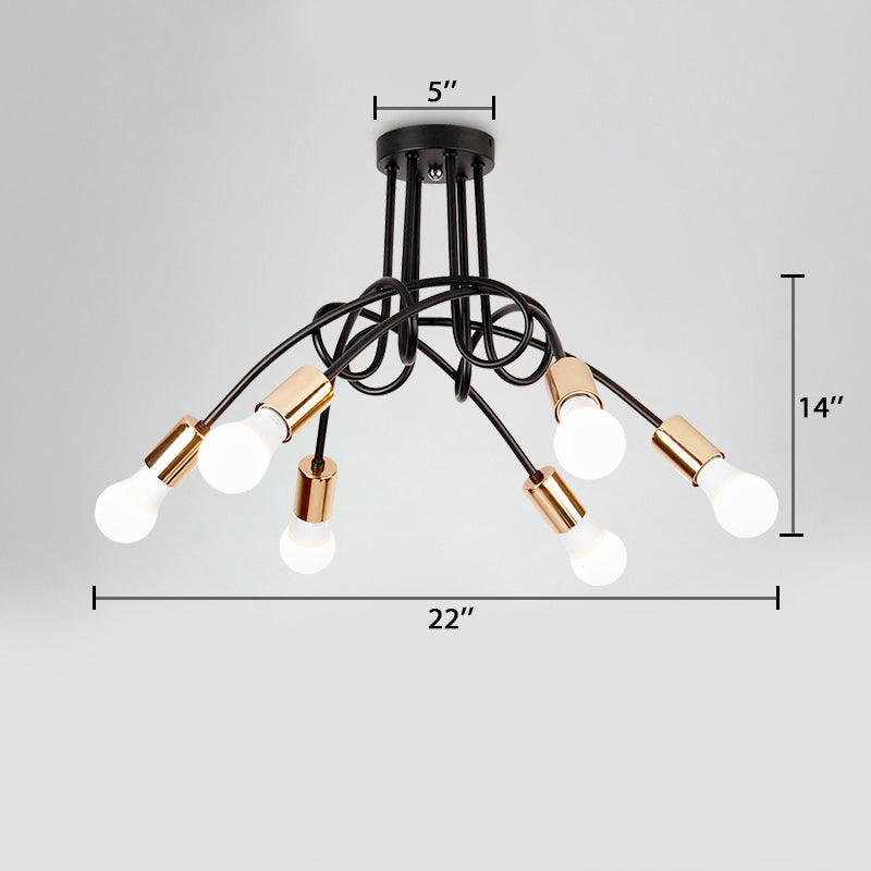 Twisted Metallic Semi-Flush Ceiling Light Industrial 3/5 Lights Hallway Semi Flush Pendant Light with Bare Bulb in Black