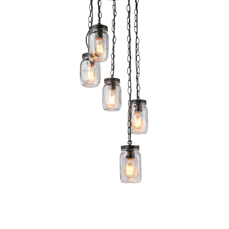 Black 5-Light Cluster Pendant Modern Clear Glass Jar Shade Hanging Light Fixture with Cord/Chain and Round Canopy