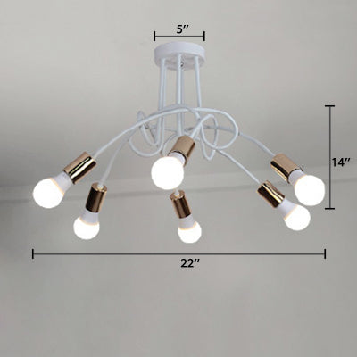 Semi-affleurant torsadé de style loft avec ampoule ouverte, plafonnier en métal à 3/5 têtes en or