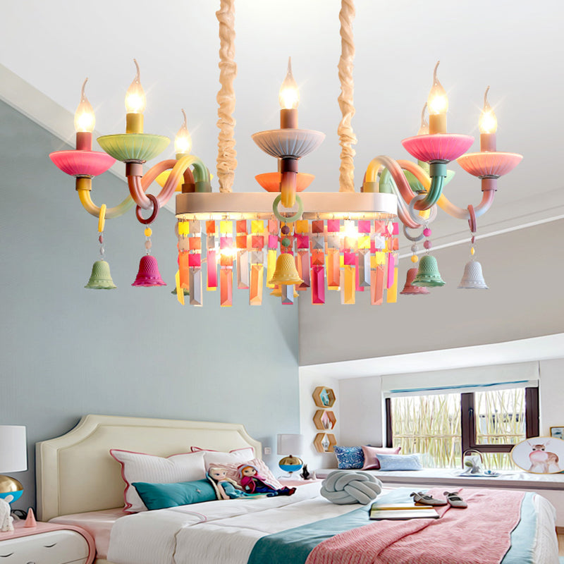 Glass Candle Suspension Light with Little Bell Kid Bedroom Kids Modern Colorful Chandelier